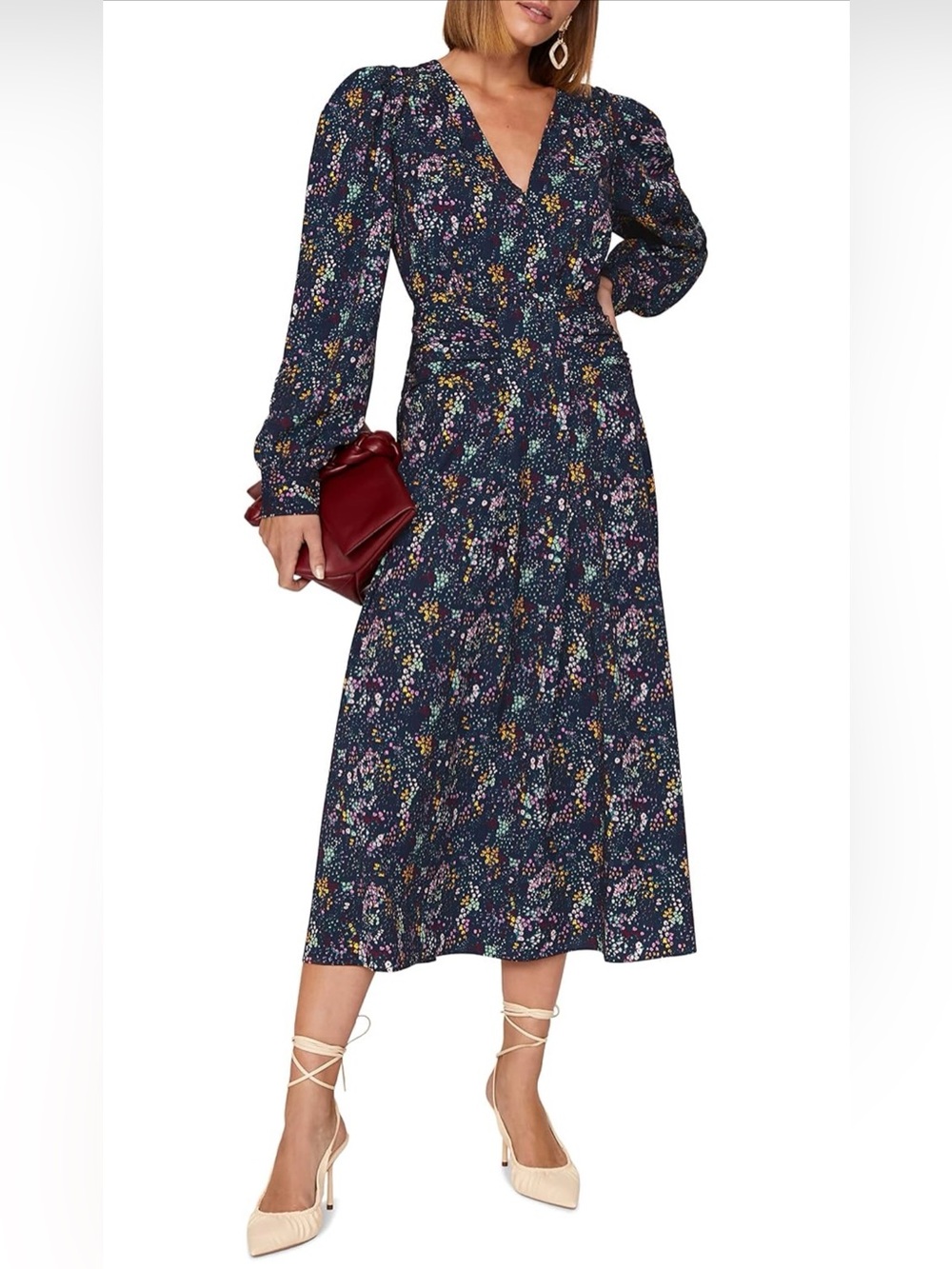 Derek Lam Collective Floral V-Neck Long Sleeve Midi Dress in Navy